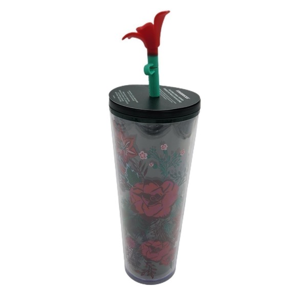 Holiday Starbucks Enchanted Forest Venti Tumbler Green Red Flower Straw Topper - Picture 4 of 7